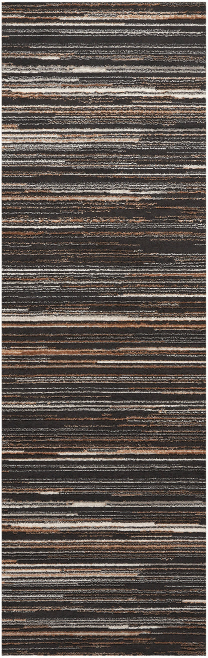 Long, narrow 7' runner rug with a horizontal stripe pattern in browns, grays, and beige; flat-weave, modern rustic style.