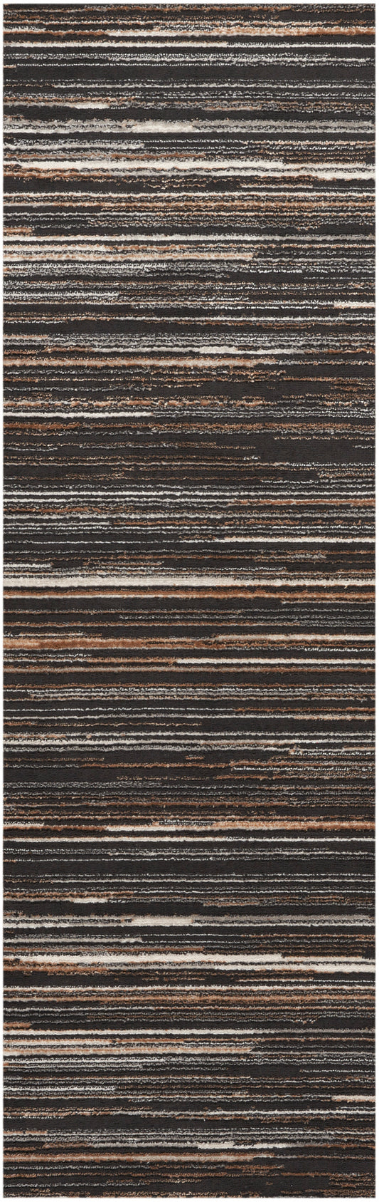Long, narrow 7' runner rug with a horizontal stripe pattern in browns, grays, and beige; flat-weave, modern rustic style.