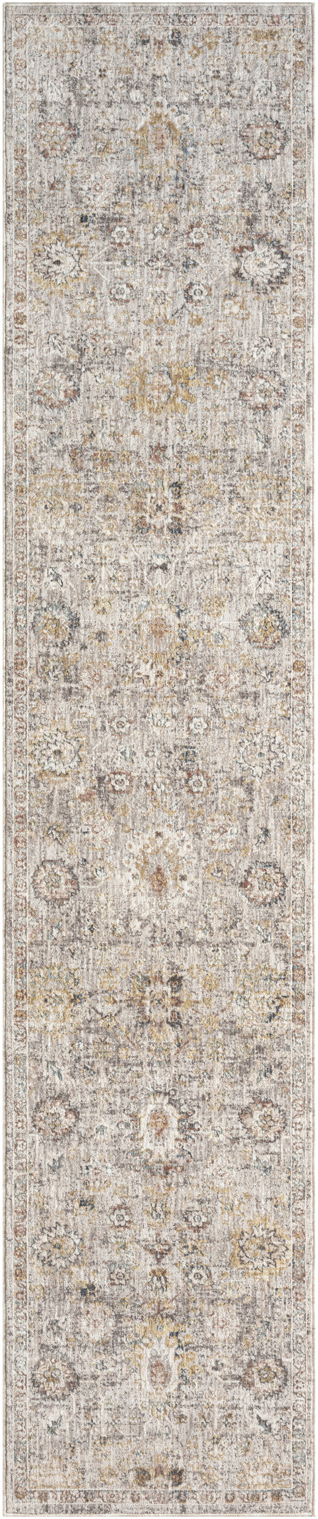 Long beige runner rug with subtle vintage floral medallion motifs in ivory, taupe and gray.