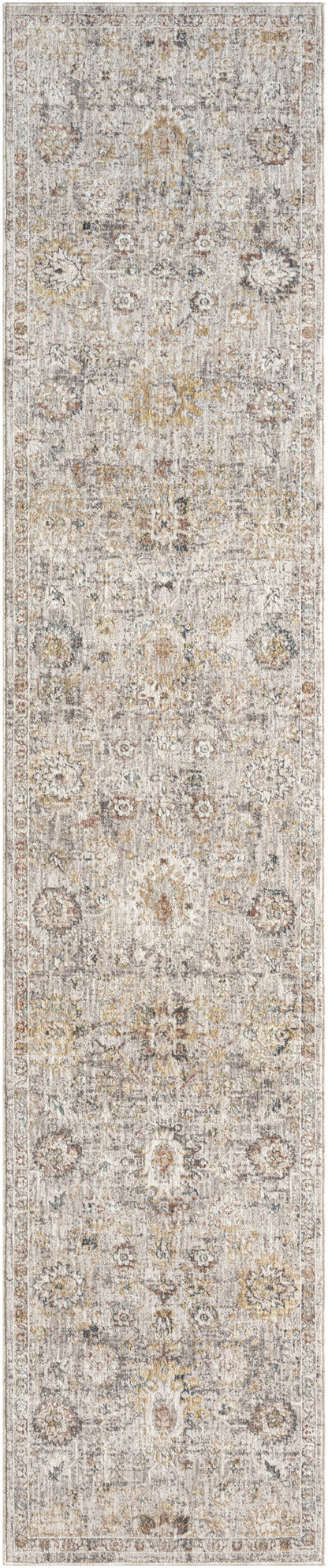 Long beige runner rug with subtle vintage floral medallion motifs in ivory, taupe and gray.