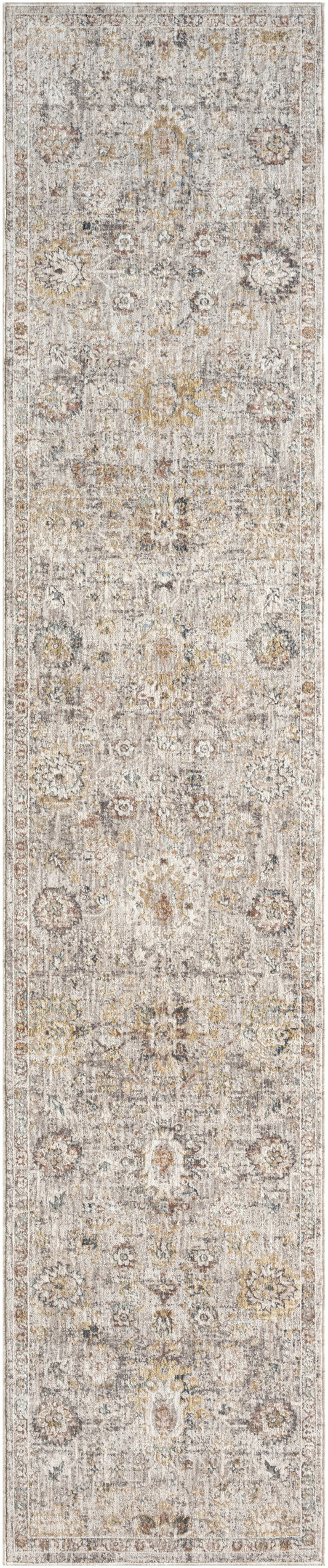 Long beige runner rug with subtle vintage floral medallion motifs in ivory, taupe and gray.