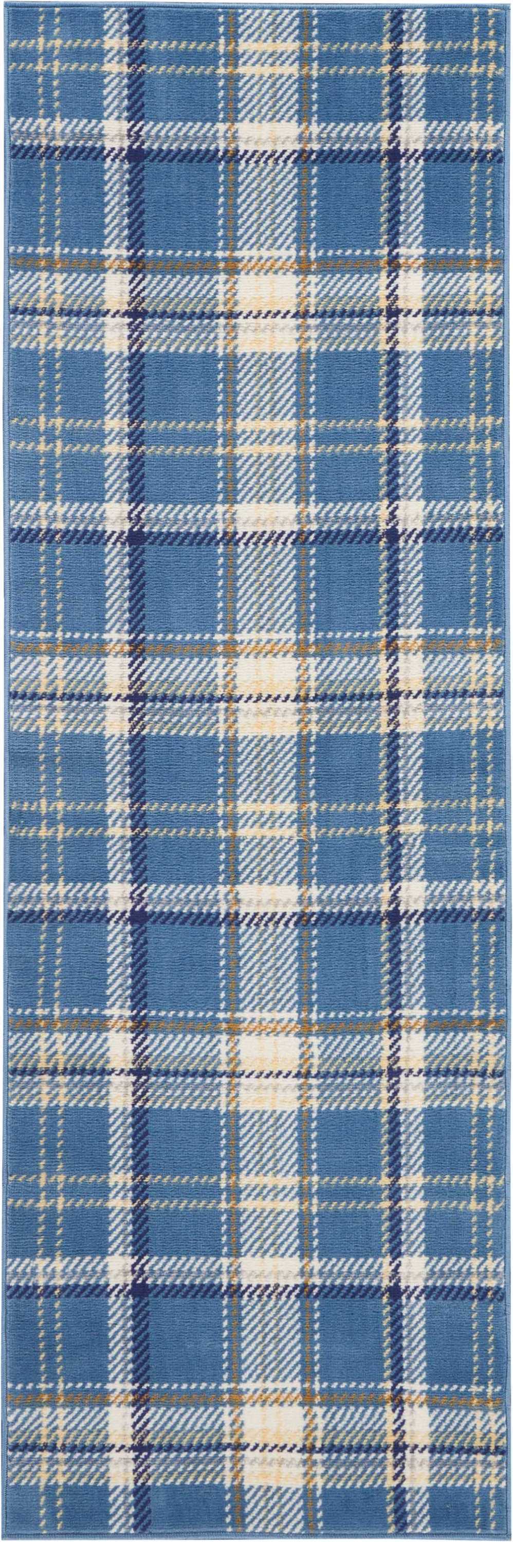 Blue plaid rug runner with white and tan stripes in a classic tartan pattern.