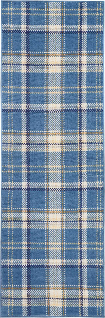 Blue plaid rug runner with white and tan stripes in a classic tartan pattern.