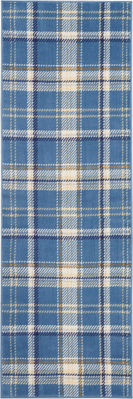 Blue plaid rug runner with white and tan stripes in a classic tartan pattern.