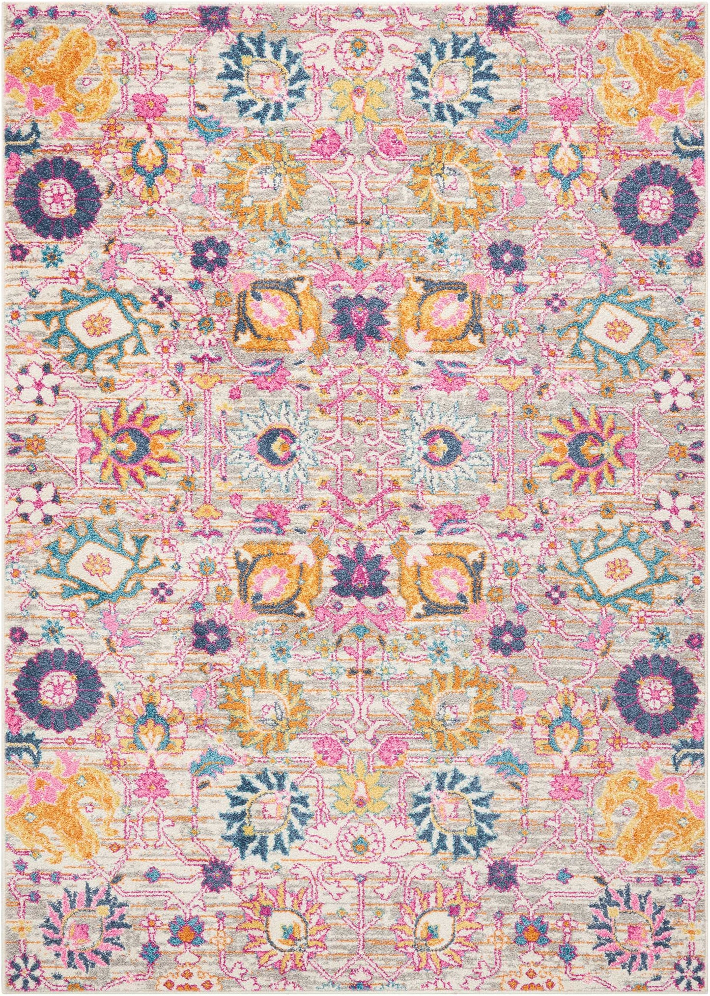 Rectangular boho floral area rug with pink, teal, yellow and purple on cream, distressed vintage medallion pattern.