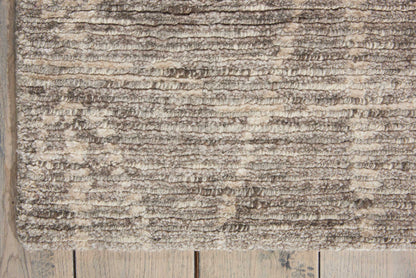 Beige shaggy area rug with soft plush pile in taupe and cream tones (6' x 8') on wooden floor.