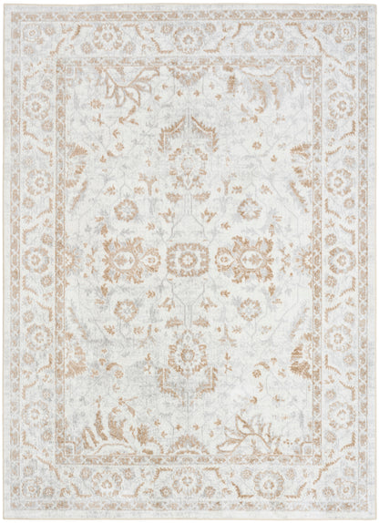 Ivory vintage-style area rug with muted tan floral medallion and ornate border.