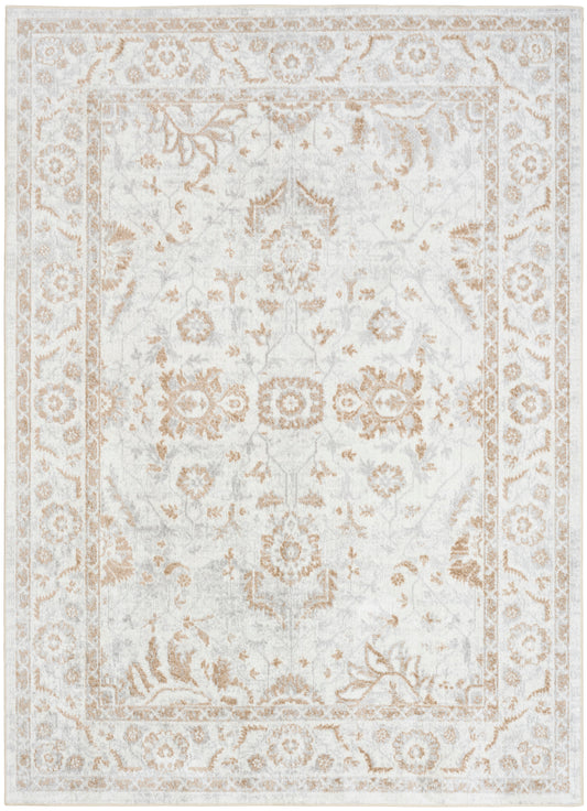 Ivory vintage-style area rug with muted tan floral medallion and ornate border.