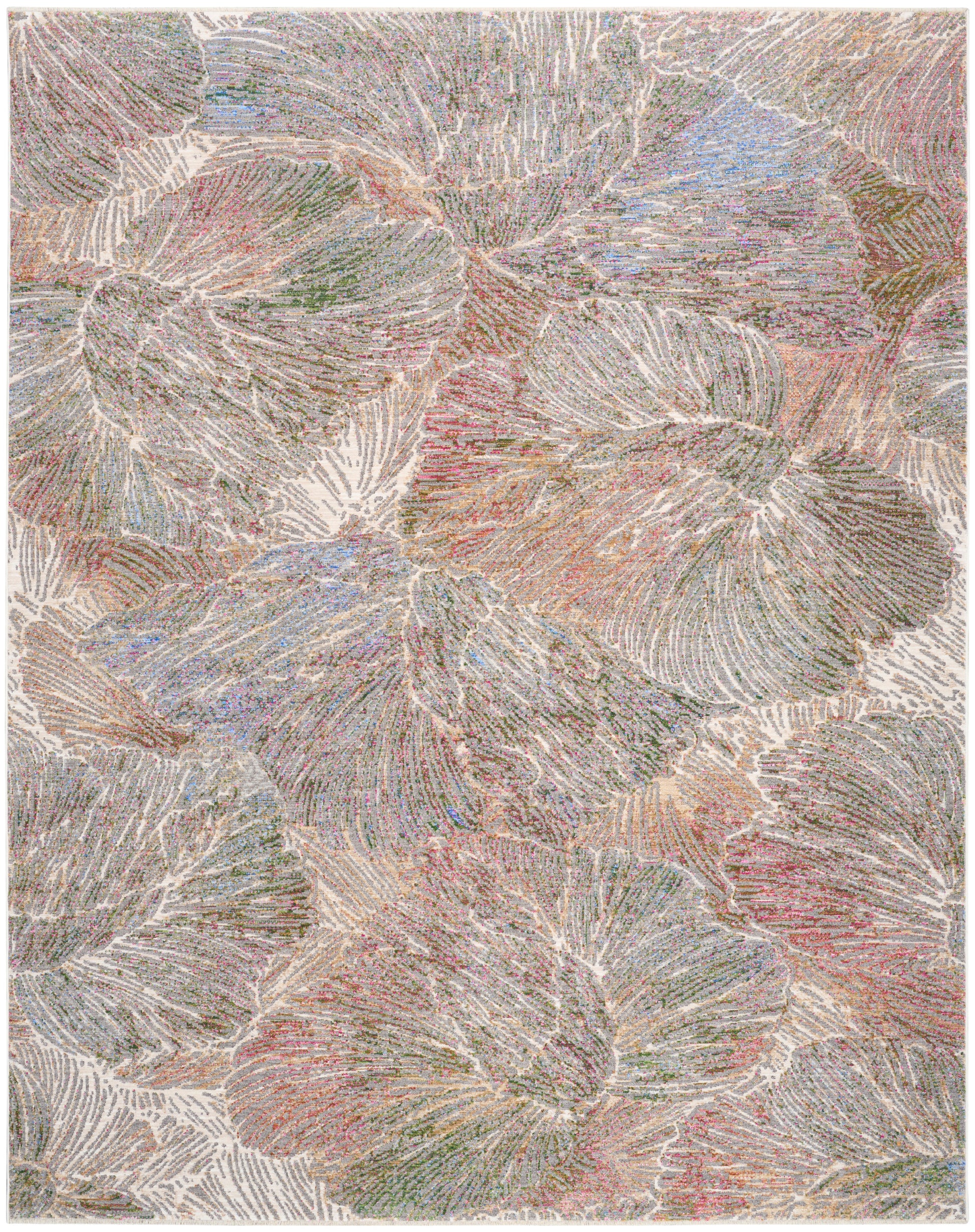 Pastel-toned woven rug with overlapping fan-leaf shapes in soft beige, blue, pink and green; decorative floor covering.