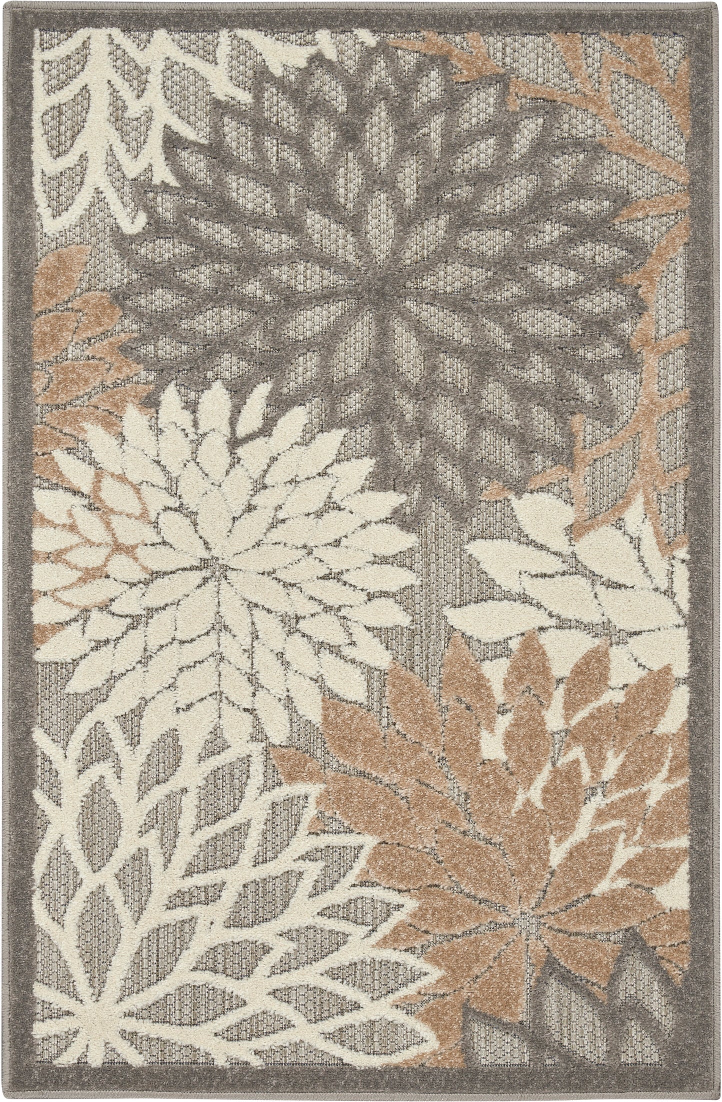 Outdoor rectangular rug, 2' x 3', with oversized cream, charcoal gray, taupe and beige floral rosettes in a textured botanical pattern.