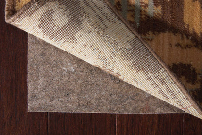 Beige and brown woven runner rug with a grid-like pattern, partially rolled to reveal a tan underside on a dark wood floor.