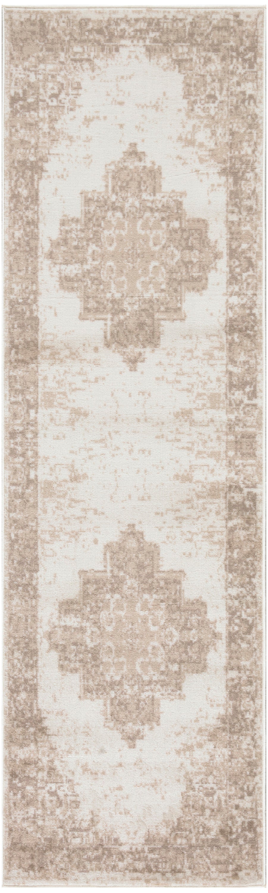 Beige runner rug with distressed vintage pattern, featuring large taupe geometric medallions and a bordered edge.