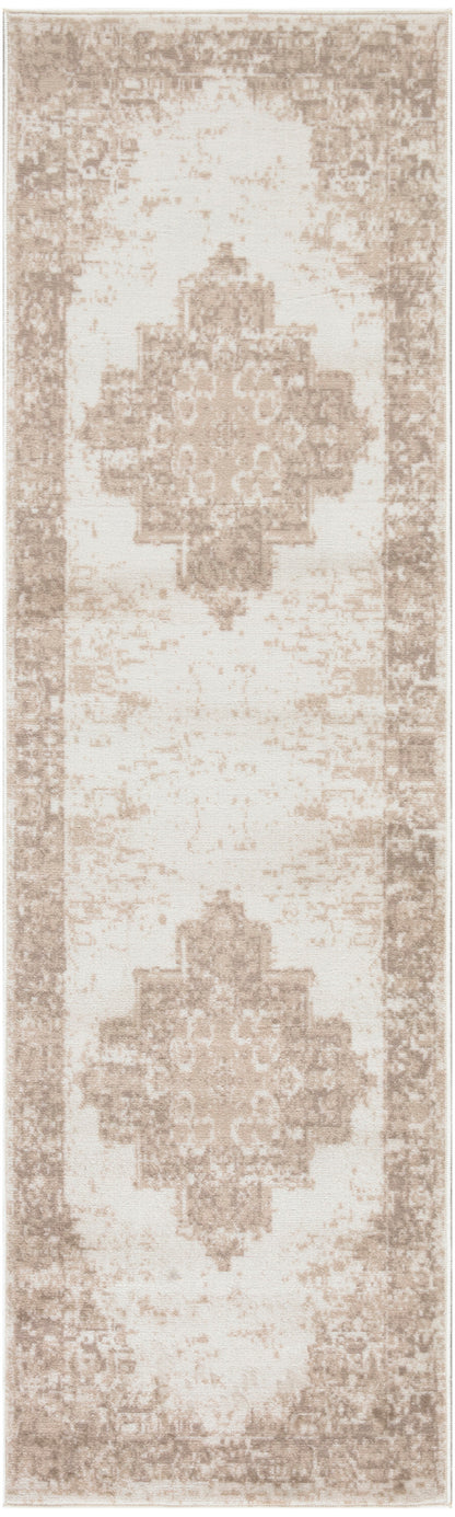 Beige runner rug with distressed vintage pattern, featuring large taupe geometric medallions and a bordered edge.
