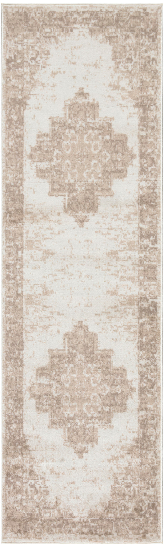 Beige runner rug with distressed vintage pattern, featuring large taupe geometric medallions and a bordered edge.