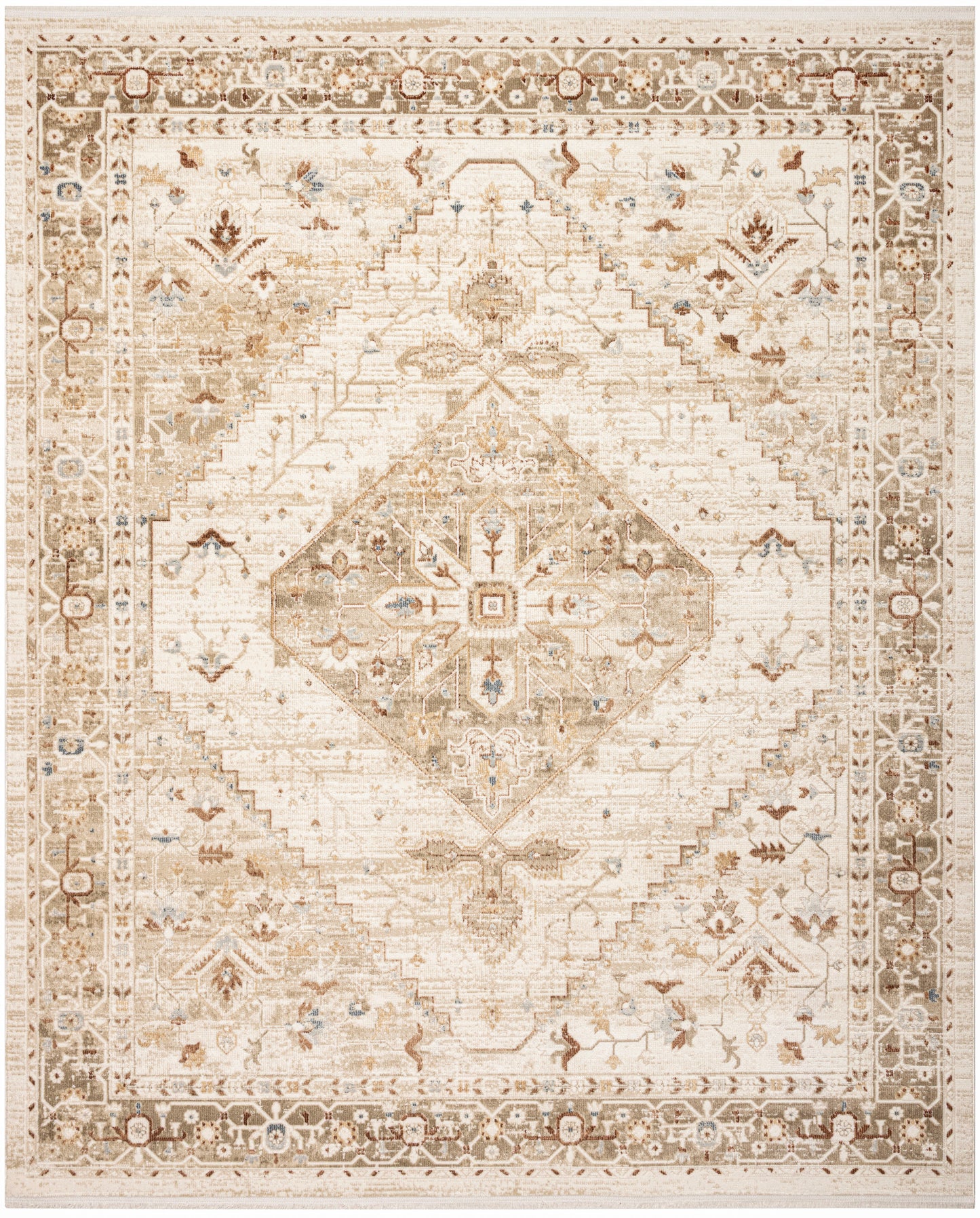 Beige oriental rug with central diamond medallion, muted browns and blues, ornate floral border.
