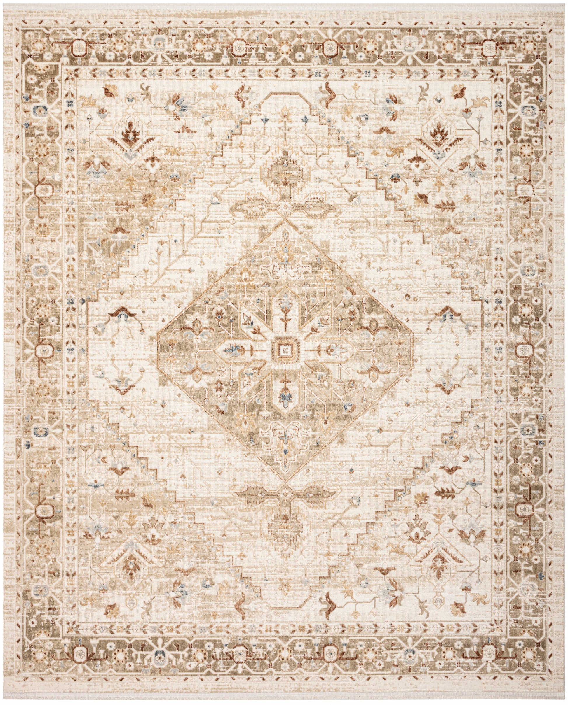 Beige oriental rug with central diamond medallion, muted browns and blues, ornate floral border.