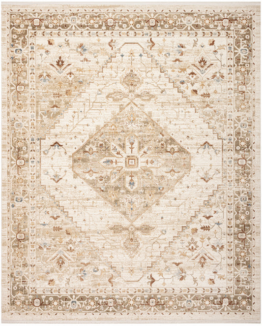 Beige oriental rug with central diamond medallion, muted browns and blues, ornate floral border.