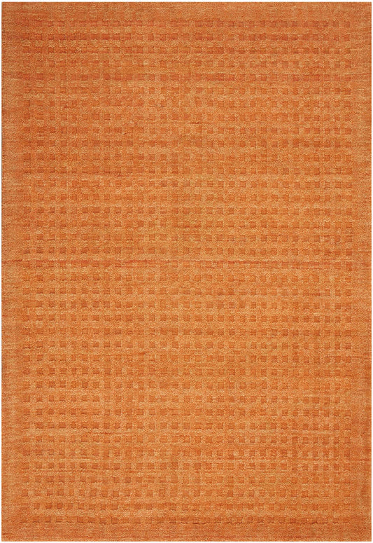 Orange flat-weave rug, 7' x 10', with a subtle grid/checker pattern and a textured weave in warm terracotta tones.
