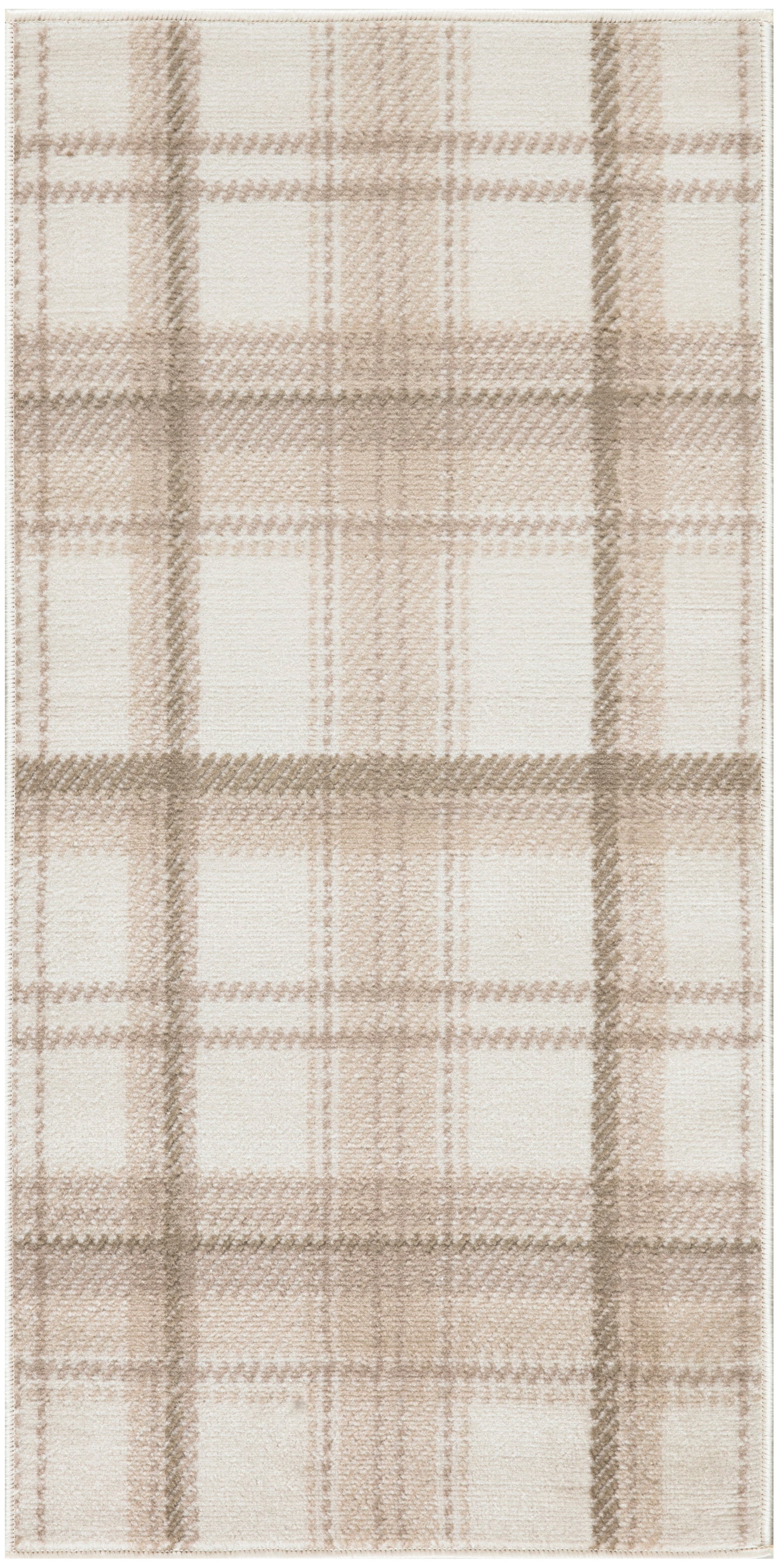 Cream and beige plaid scarf in soft woven fabric with classic check pattern.