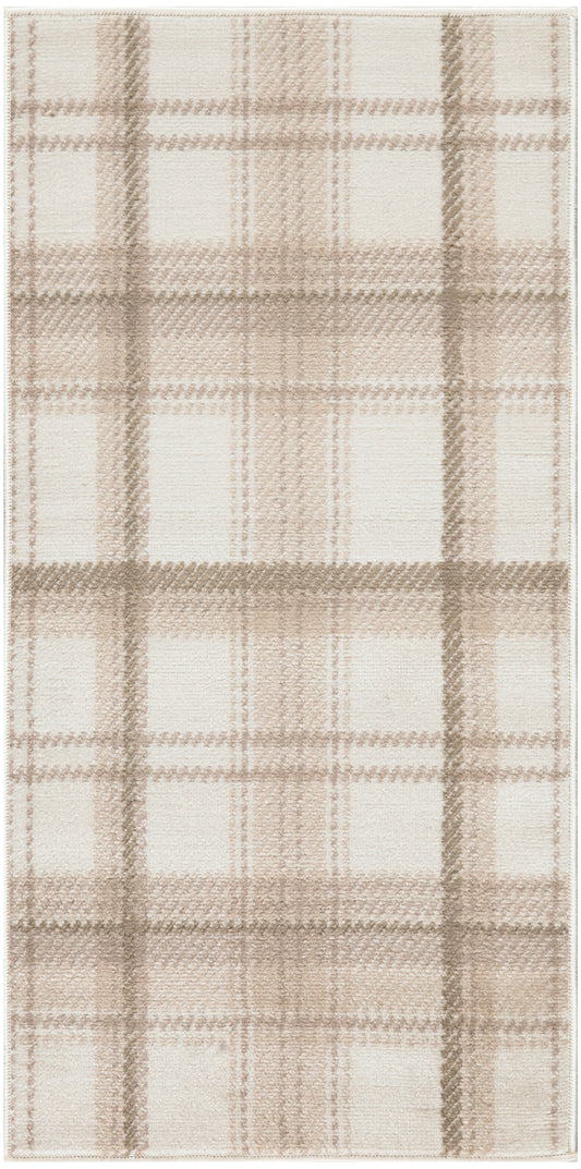 Cream and beige plaid scarf in soft woven fabric with classic check pattern.