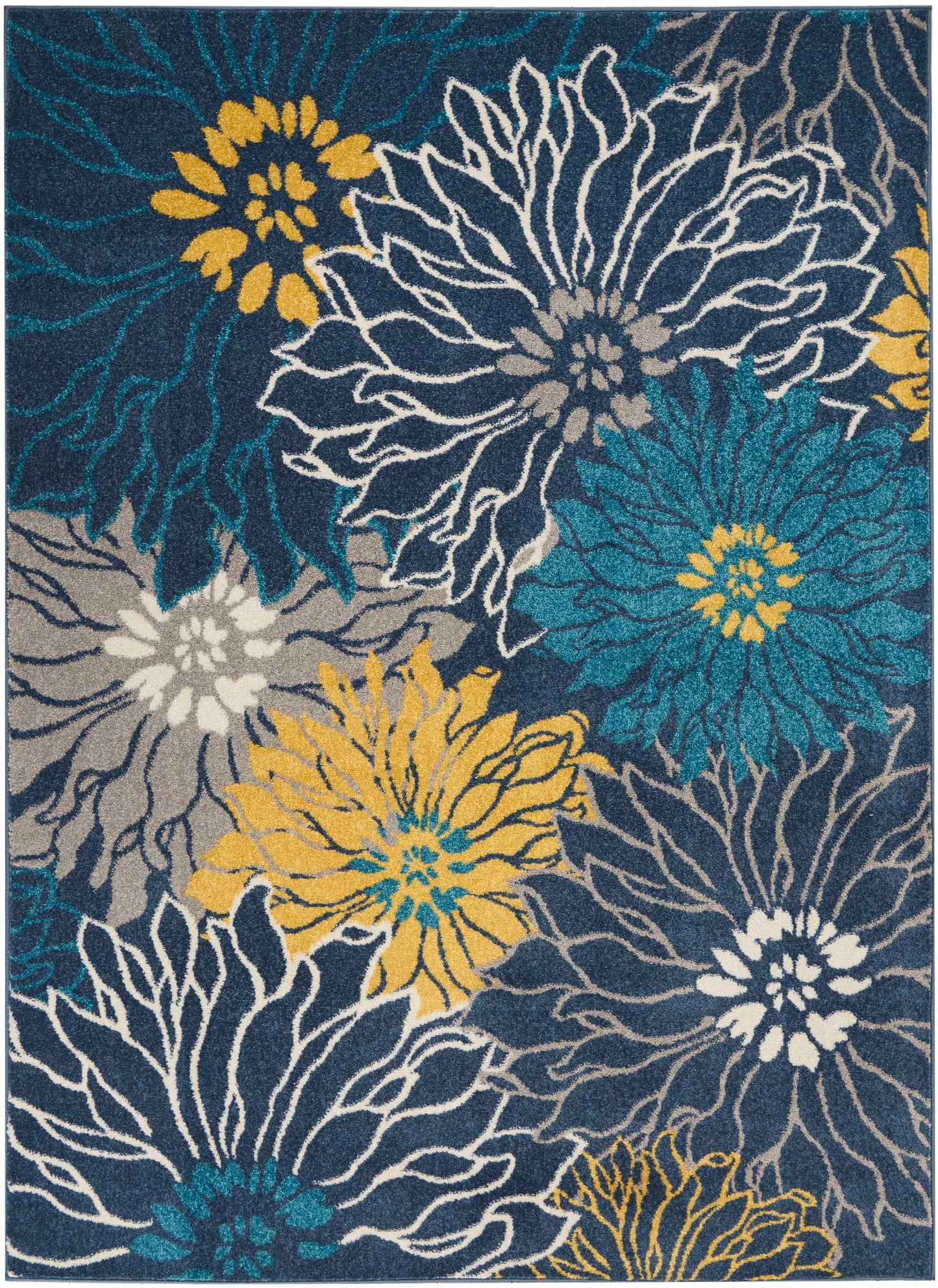 Rectangular area rug with large white-outlined blooms in navy, teal, gray and mustard yellow; modern floral design.