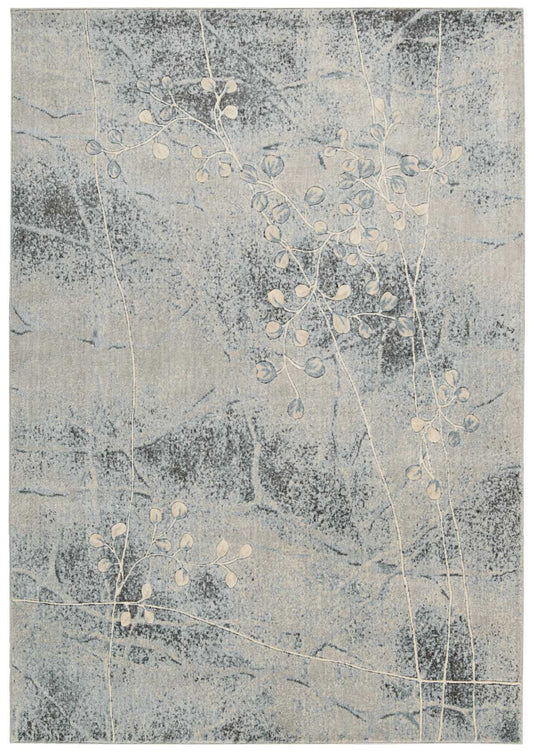 Blue-gray area rug featuring a subtle marbled background and white delicate vine with small leaves motif.