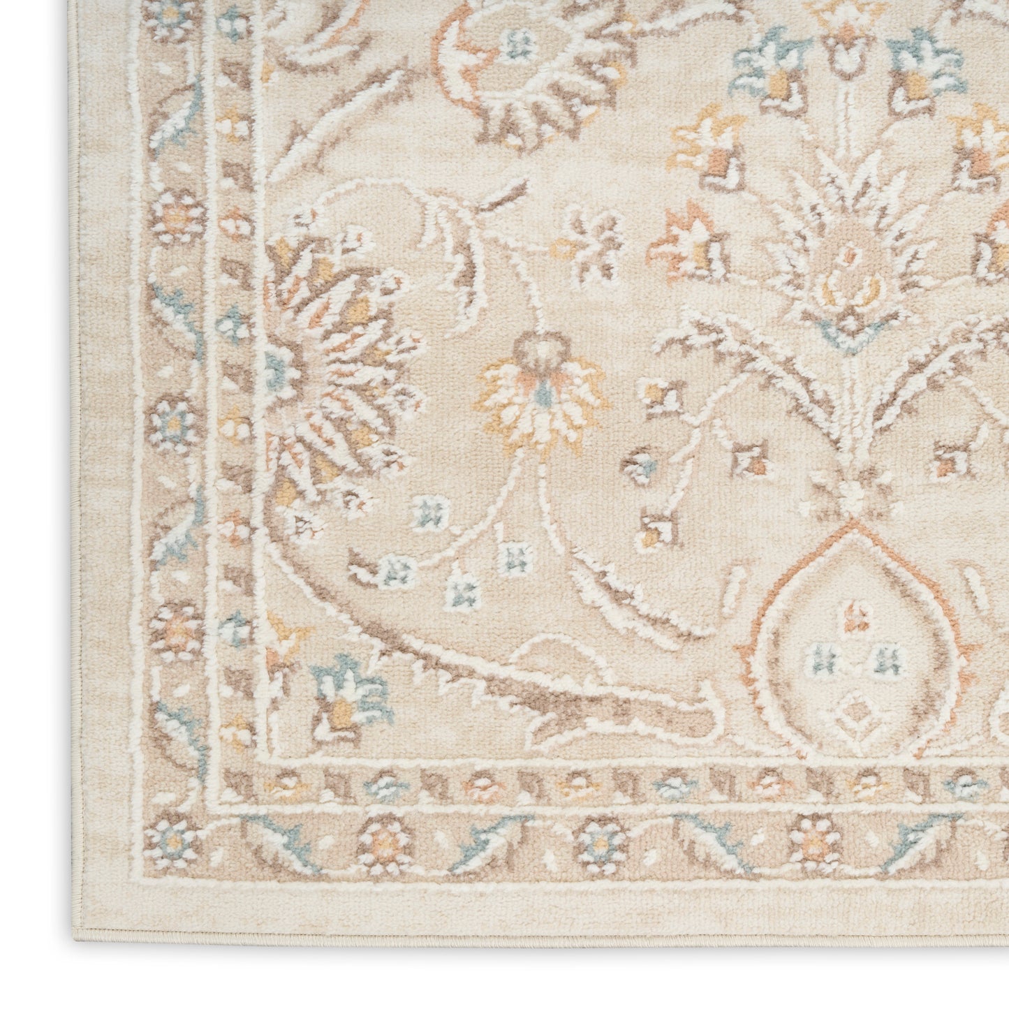 Beige oriental rug with light blue and soft orange floral motifs; classic Persian-style border, living room decor.