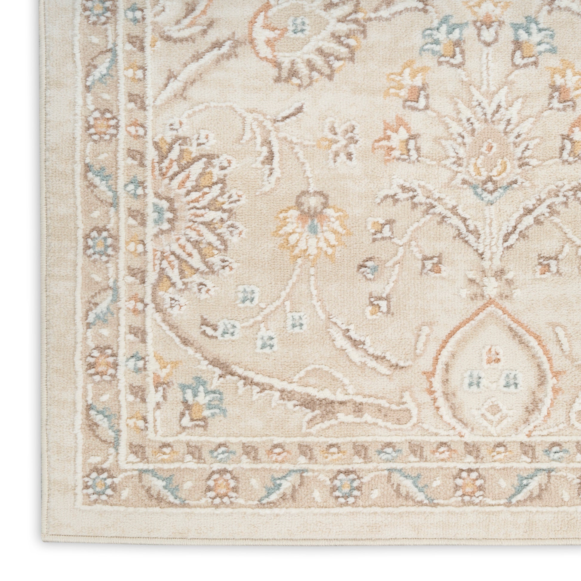 Beige oriental rug with light blue and soft orange floral motifs; classic Persian-style border, living room decor.