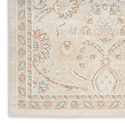 Beige oriental rug with light blue and soft orange floral motifs; classic Persian-style border, living room decor.