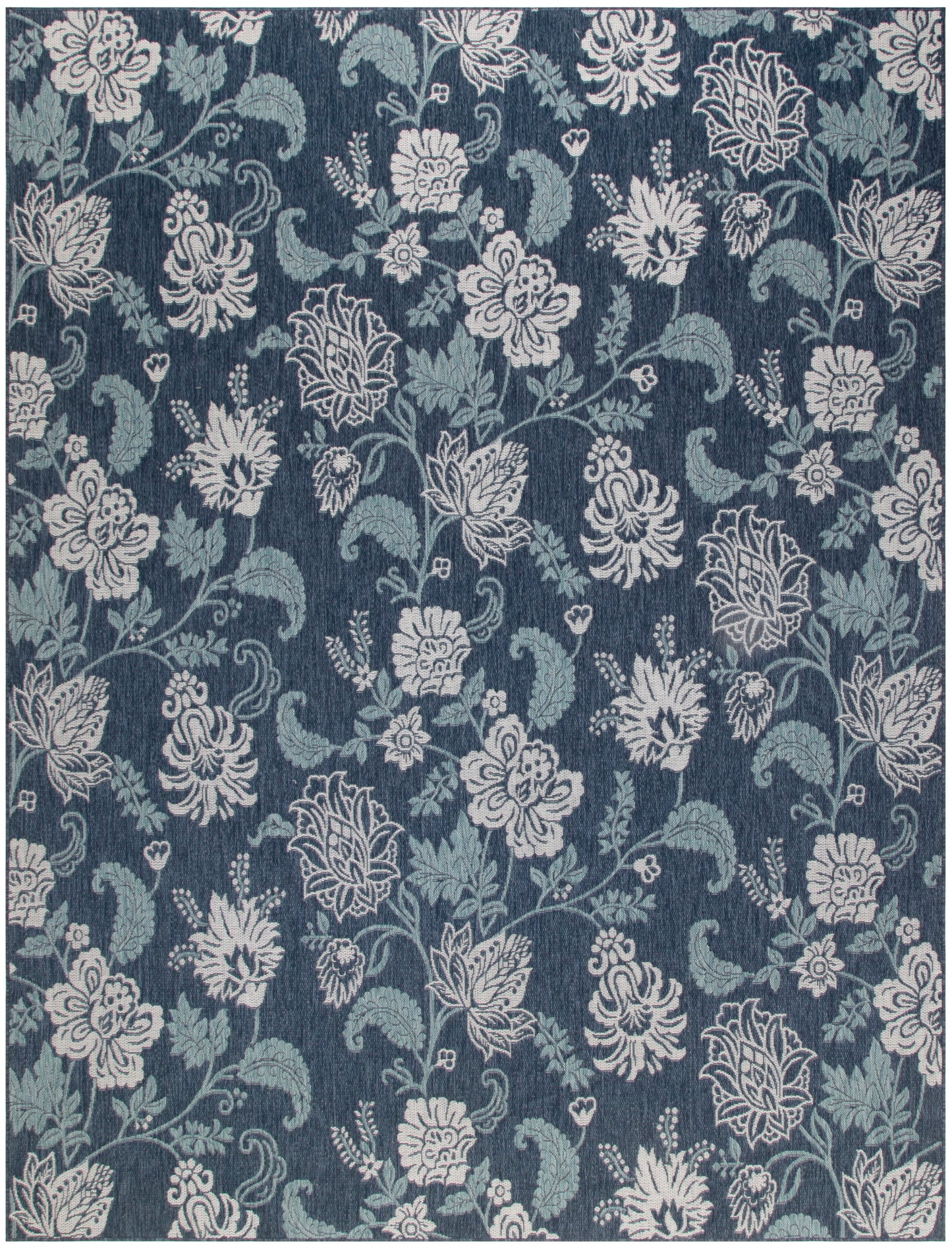 Dark navy fabric with dense cream floral damask pattern of scrolling vines and blossoms; home decor textile.