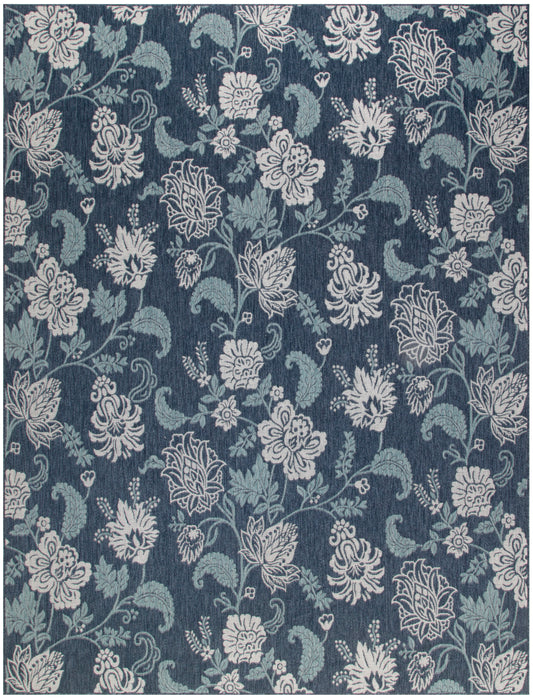 Dark navy fabric with dense cream floral damask pattern of scrolling vines and blossoms; home decor textile.