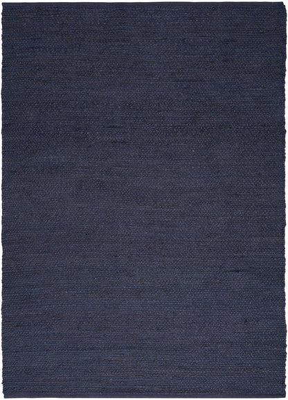 Navy blue textured area rug with tight loop weave, rectangular floor mat.