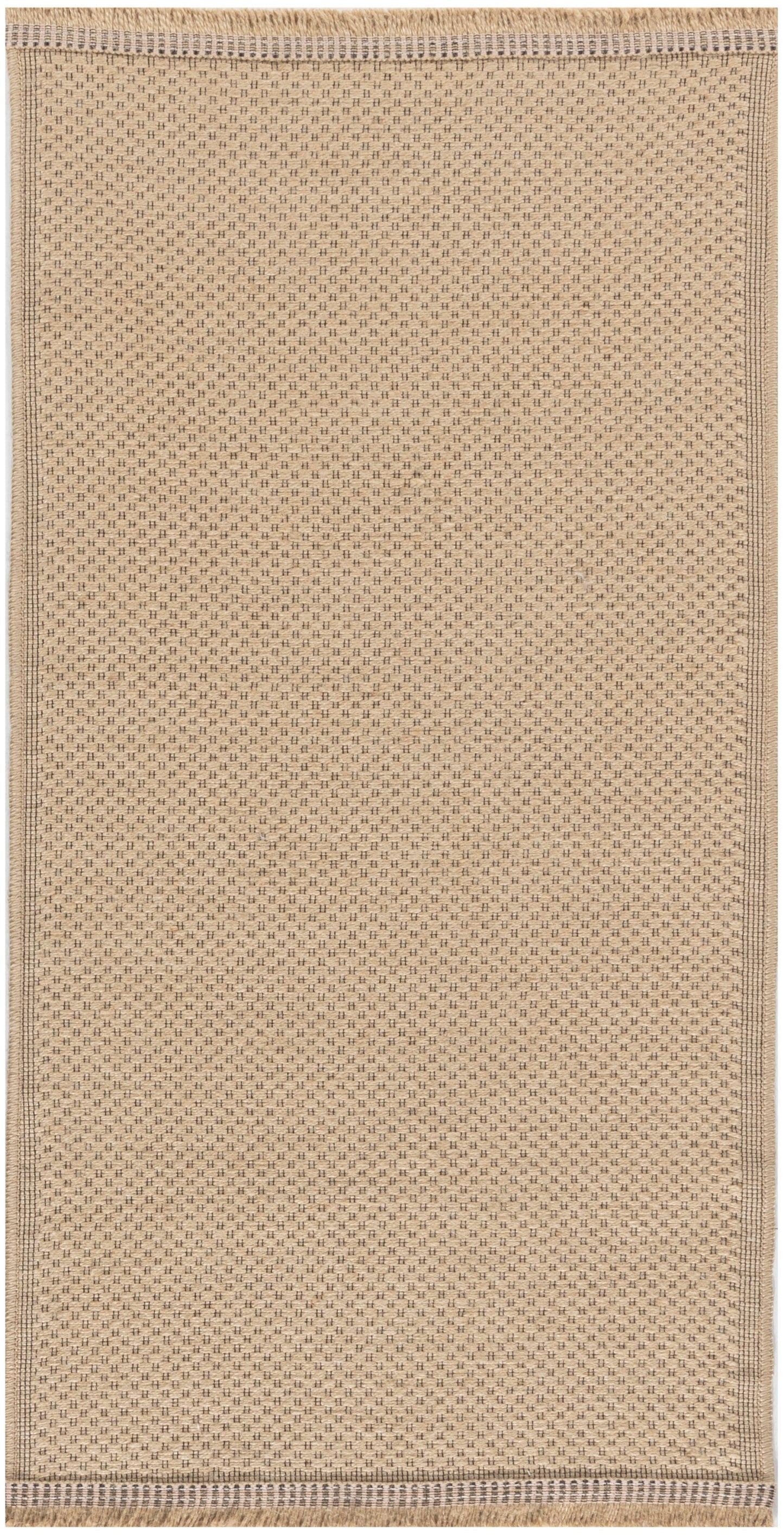 Beige rectangular woven floor mat with grid-like texture and stitched border; entryway or kitchen rug.