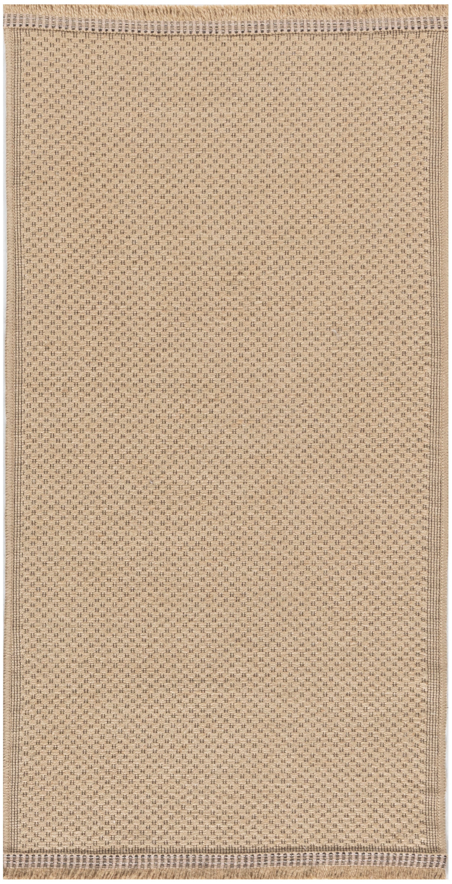 Beige rectangular woven floor mat with grid-like texture and stitched border; entryway or kitchen rug.