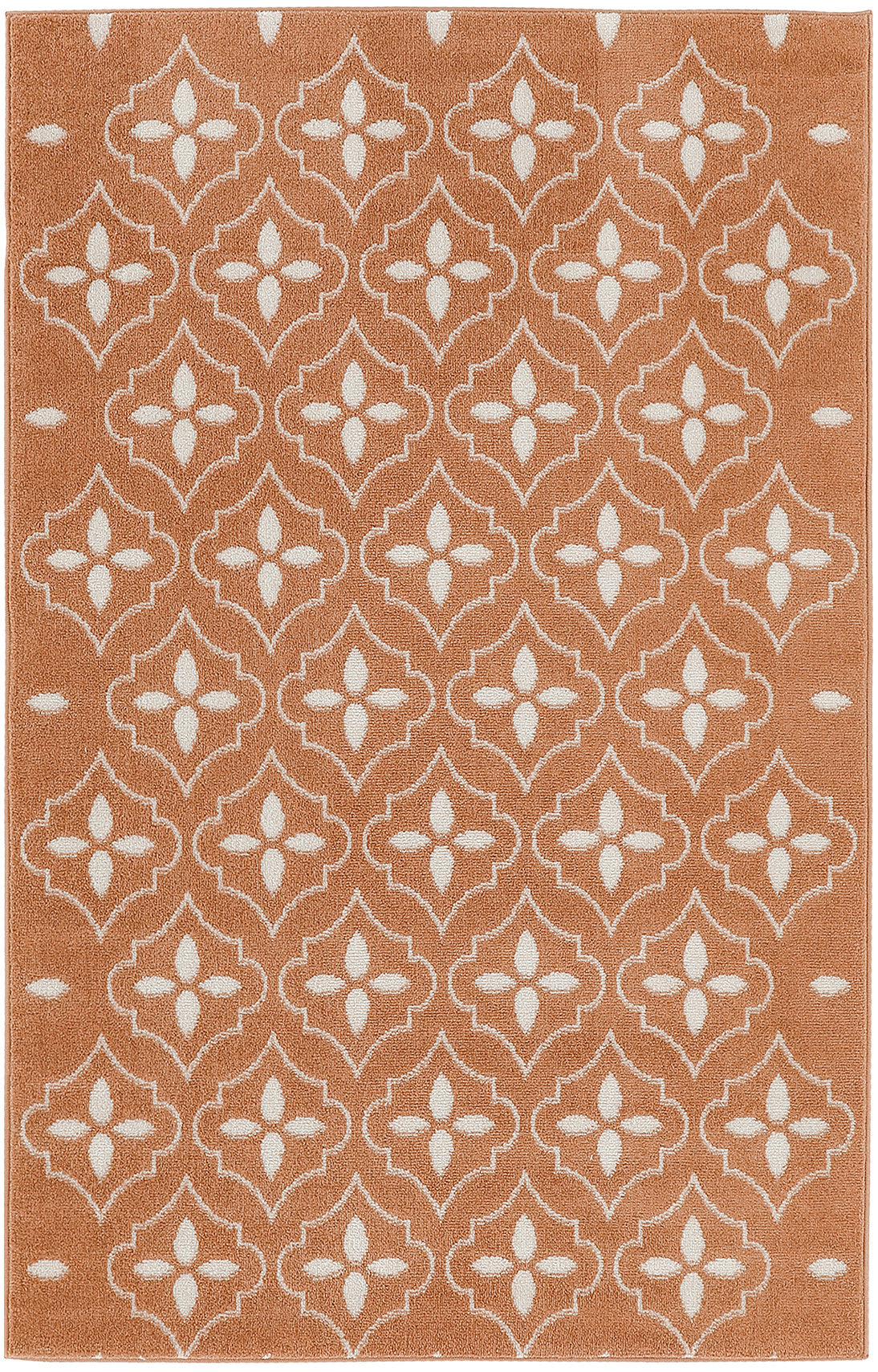 Terracotta rug with cream quatrefoil trellis pattern; woven rectangular rug for living room or entryway.