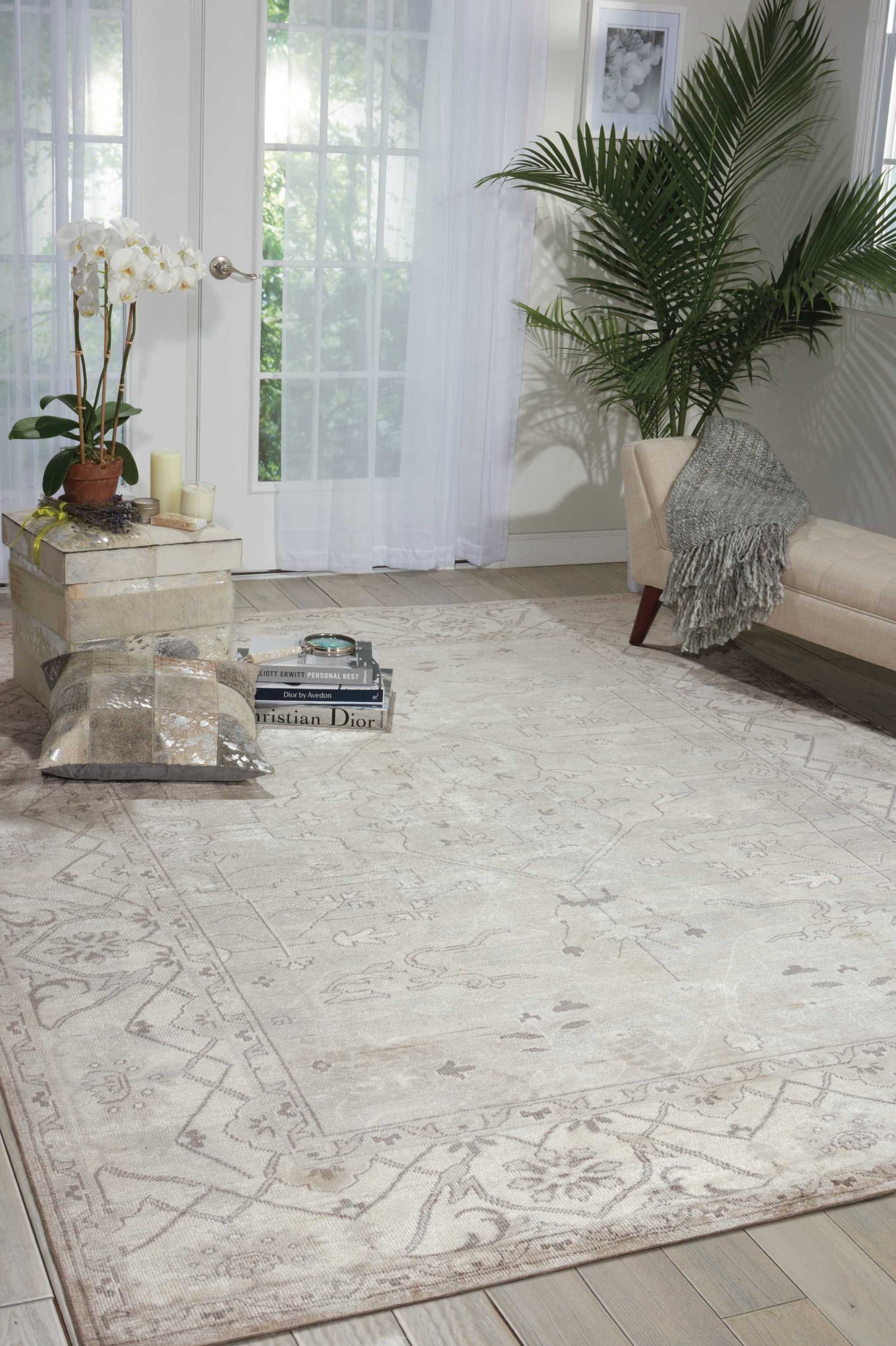 Light gray area rug with a patterned border in a bright living room & beige sofa, large palm plant, orchid, sheer curtains.