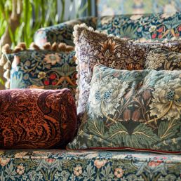 Morris and Co Strawberry Thief velvet fabric Indigo Thyme, luxury cotton velvet upholstery fabric with bird and floral pattern, William Morris design, durable fabric for curtains, pillows, headboards, and classic vintage interiors.