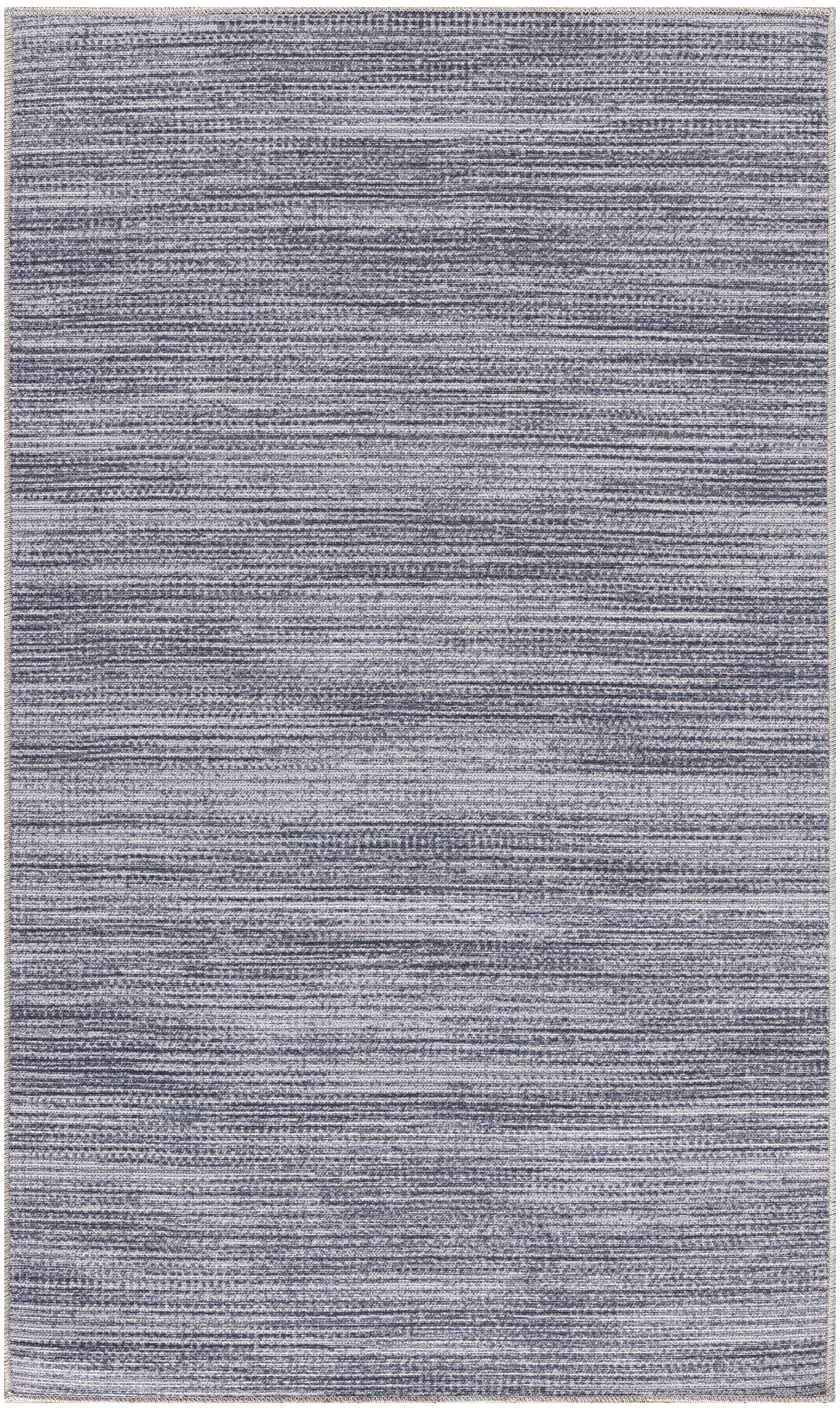 Blue-gray textured area rug with subtle horizontal striations and a light beige border.