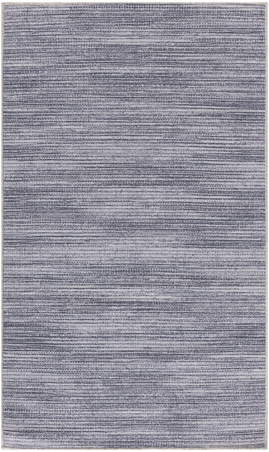 Blue-gray textured area rug with subtle horizontal striations and a light beige border.