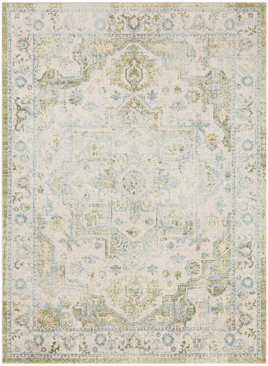 Rectangular distressed vintage oriental area rug in ivory, pale blue and beige with a central medallion.
