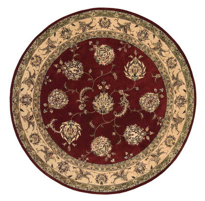 Round burgundy central field rug with ornate beige floral border; traditional oriental design for living spaces.