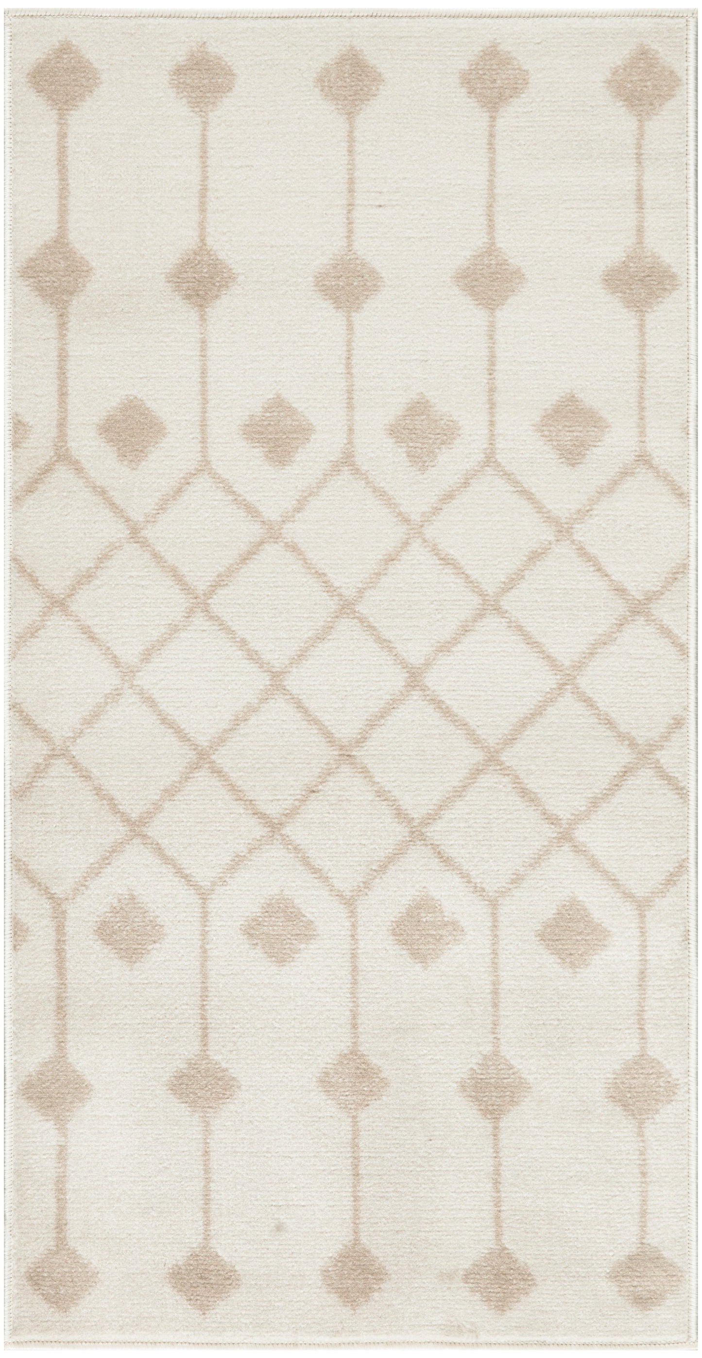 Cream rug with pale taupe diamond lattice and vertical column motifs; flat-weave texture.