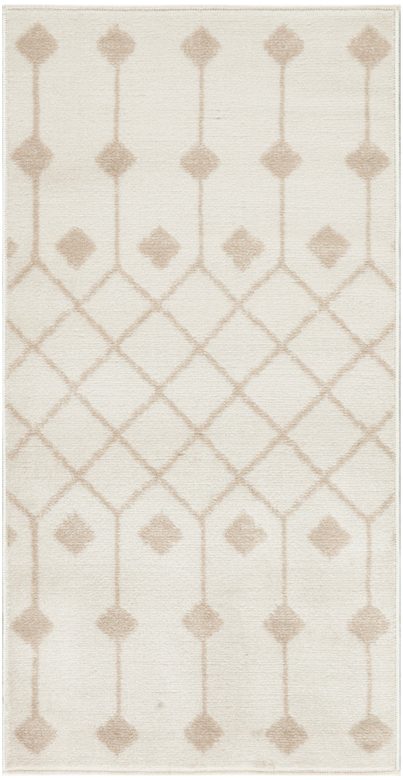 Cream rug with pale taupe diamond lattice and vertical column motifs; flat-weave texture.