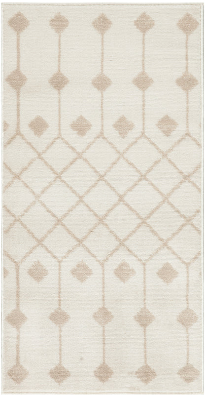 Cream rug with pale taupe diamond lattice and vertical column motifs; flat-weave texture.