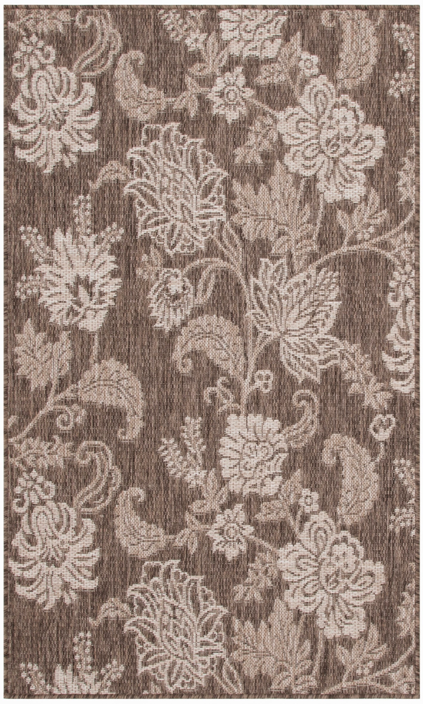 Rectangular brown rug with cream floral damask pattern and woven texture for classic living room decor.