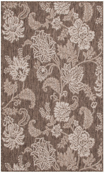 Rectangular brown rug with cream floral damask pattern and woven texture for classic living room decor.