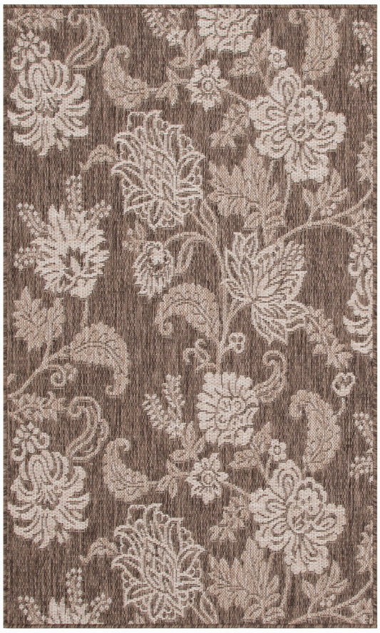 Rectangular brown rug with cream floral damask pattern and woven texture for classic living room decor.