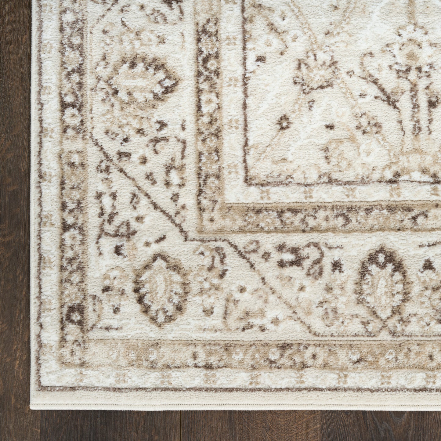 Cream oriental rug with taupe floral motifs and layered borders on dark wood floor; plush, textured pile.