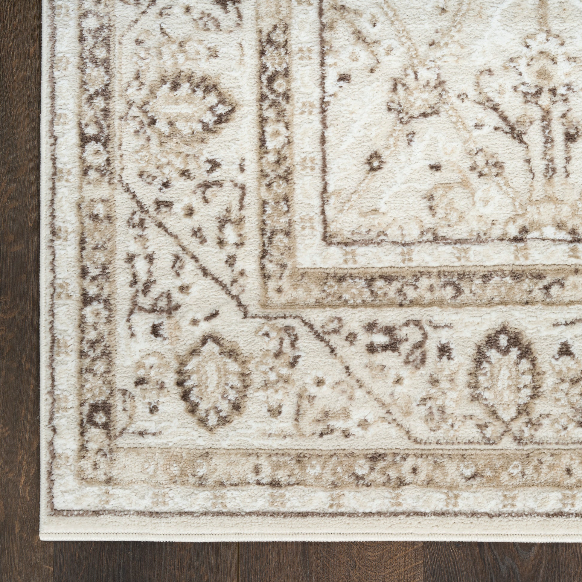 Cream oriental rug with taupe floral motifs and layered borders on dark wood floor; plush, textured pile.