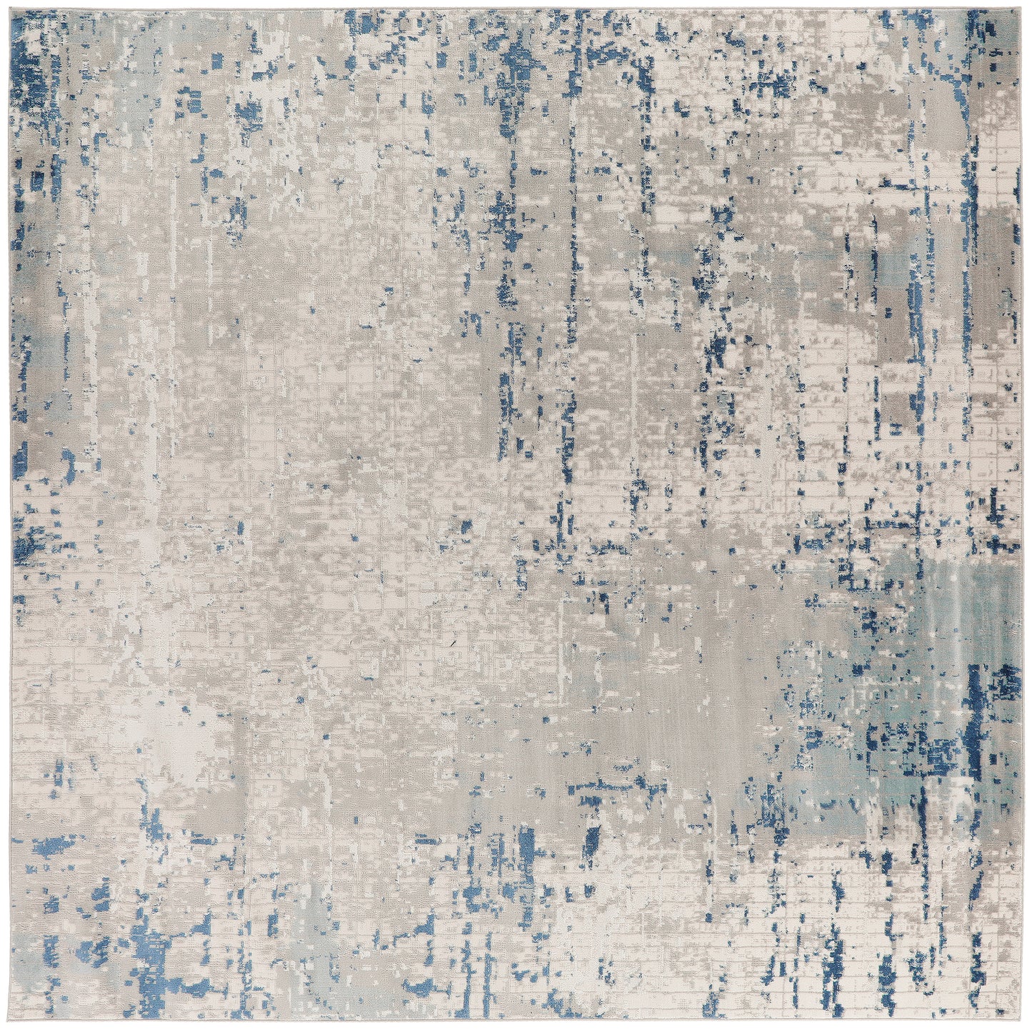 Abstract distressed beige and blue area rug with painterly textures for modern contemporary floor decor.